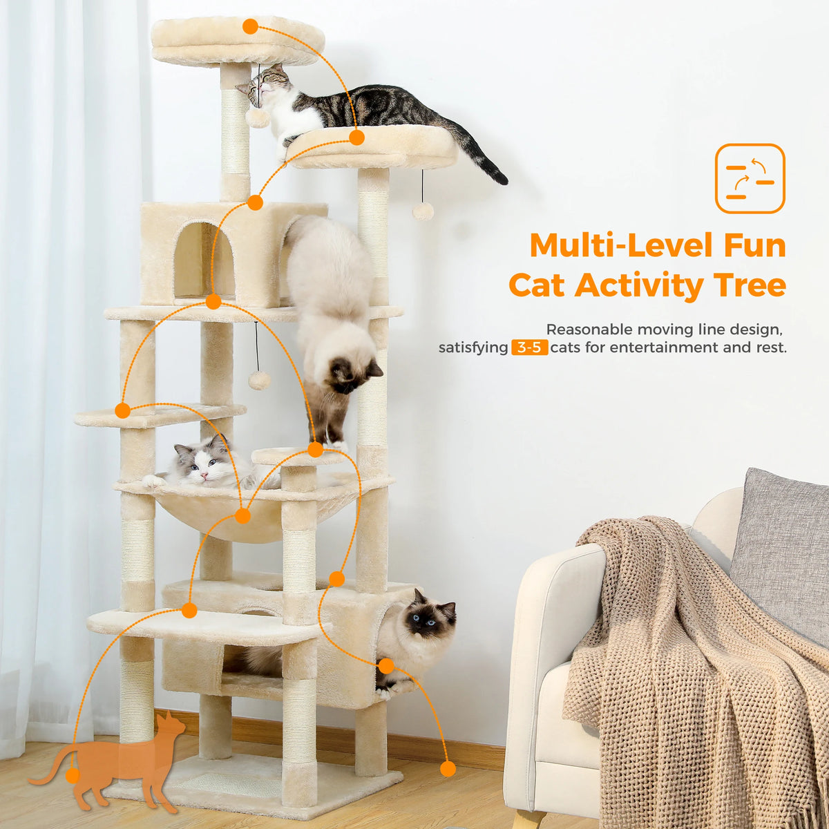Grote Krabpaal met Hangmat, 8 Niveaus | Sisal Krabpalen & Ruim Kattenhuis, voor Meerdere Katten