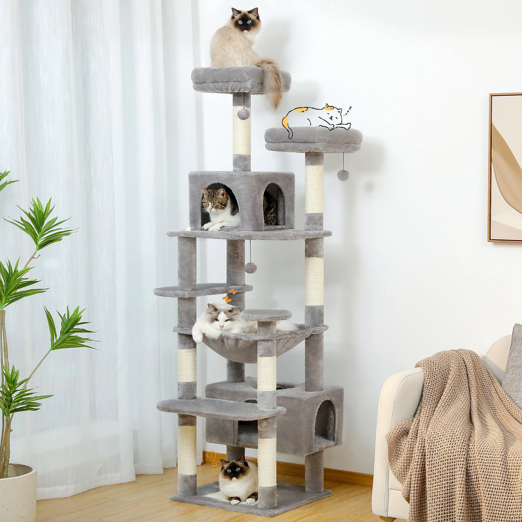 Grote Krabpaal met Hangmat, 8 Niveaus | Sisal Krabpalen & Ruim Kattenhuis, voor Meerdere Katten