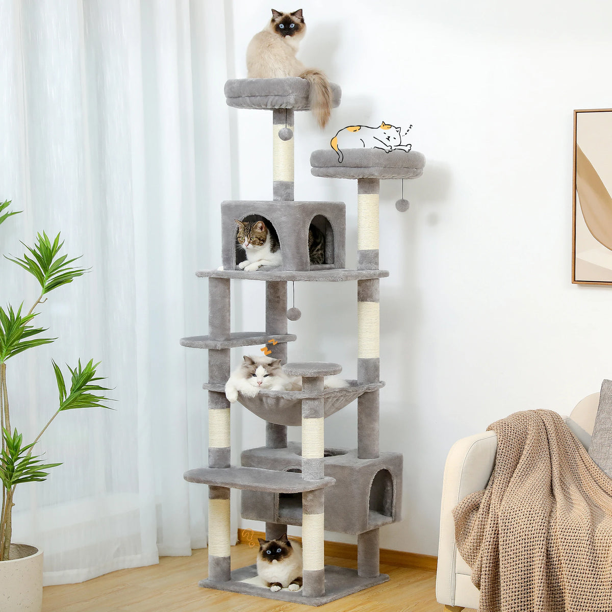 Grote Krabpaal met Hangmat, 8 Niveaus | Sisal Krabpalen & Ruim Kattenhuis, voor Meerdere Katten