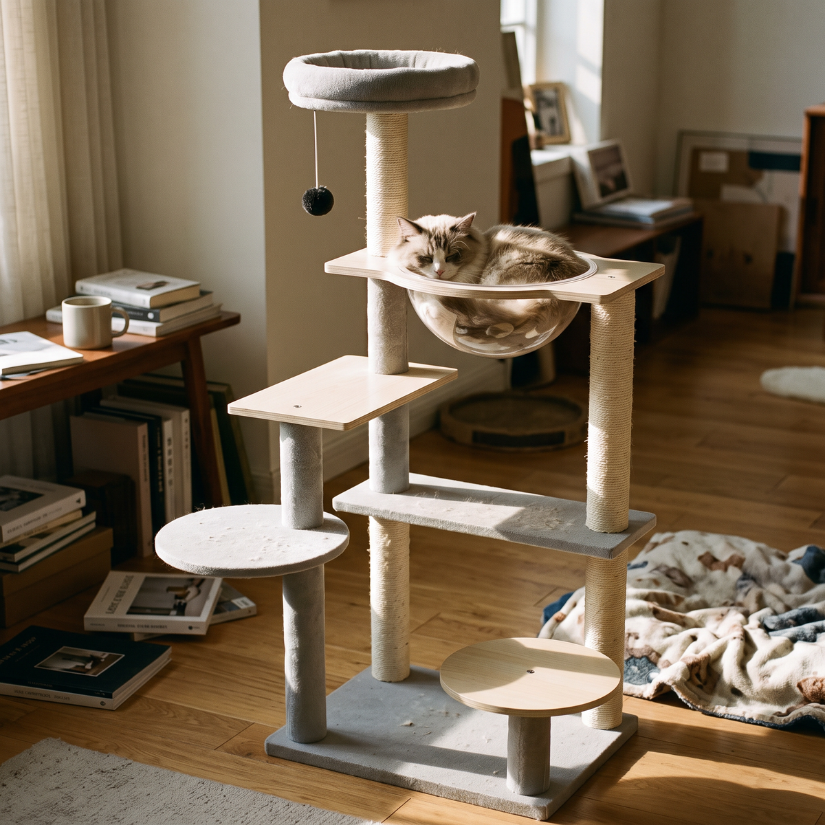 Moderne meerlaagse kattenboom in woonkamer
