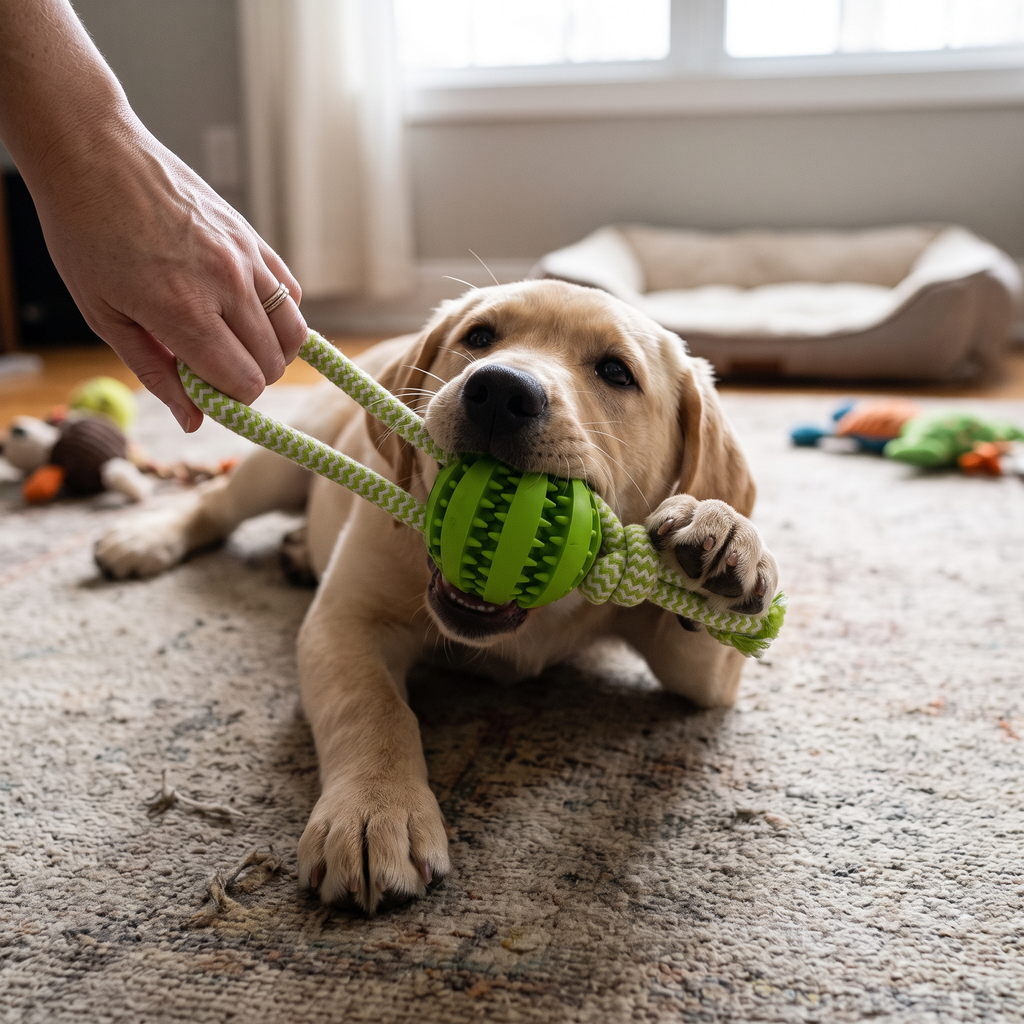 Touwbal met snackvak voor honden in gebruik