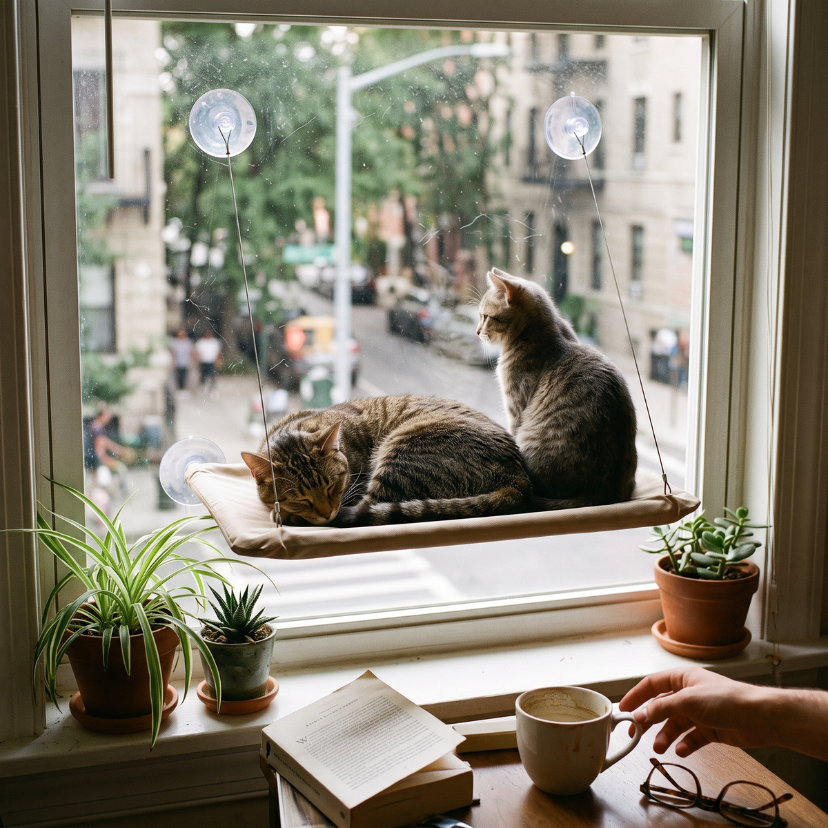 Kattenhangmat voor aan het raam in gebruik