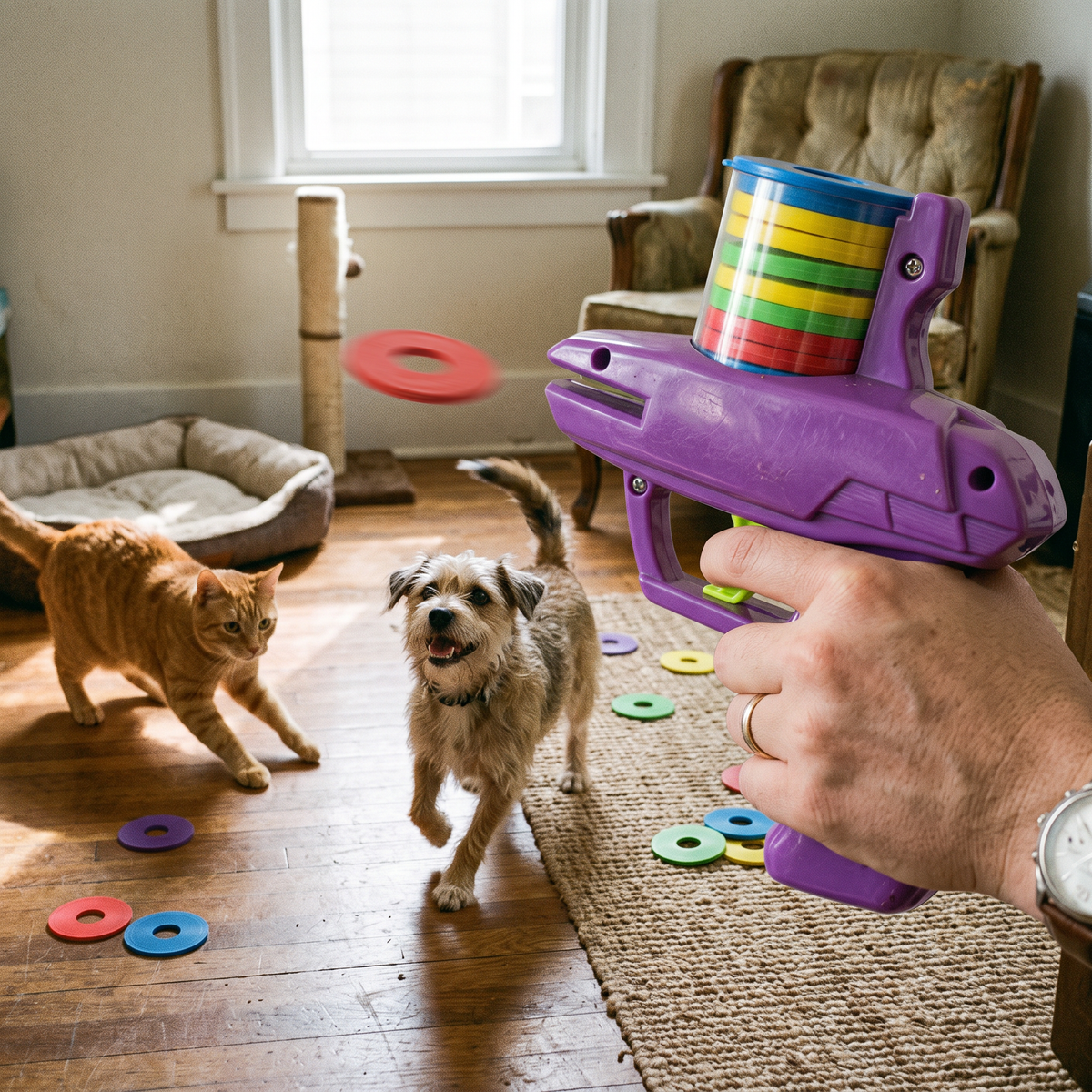 Schuimfrisbee-werper in gebruik