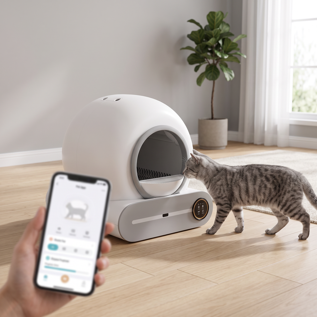 Zelfreinigende kattenbak met app in modern interieur